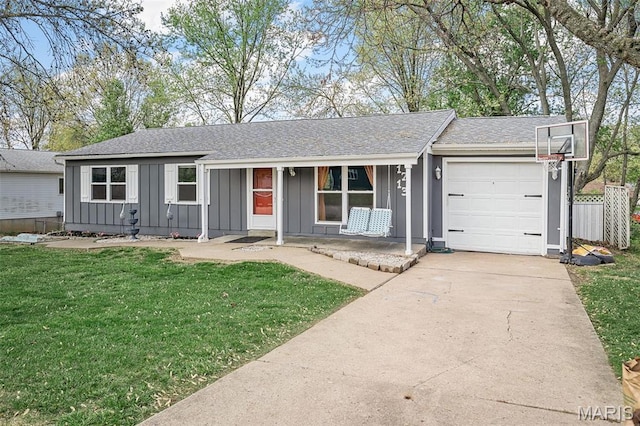 ranch-style home featuring board and batten siding, an attached garage, a front yard, a shingled roof, and covered porch
