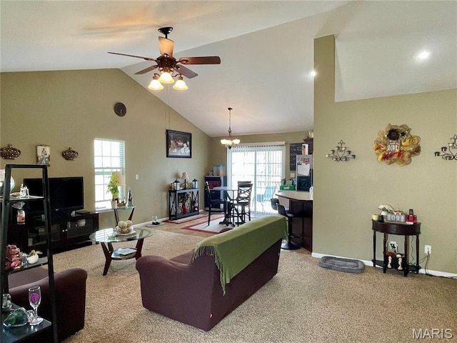22880 Return Ln, Waynesville, MO 65583 - carpeted living room featuring a ceiling fan, baseboards, a chandelier, and high vaulted ceiling