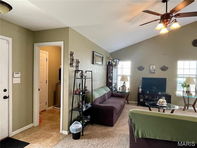 22880 Return Ln, Waynesville, MO 65583 - living room with ceiling fan, lofted ceiling, baseboards, and light tile patterned flooring