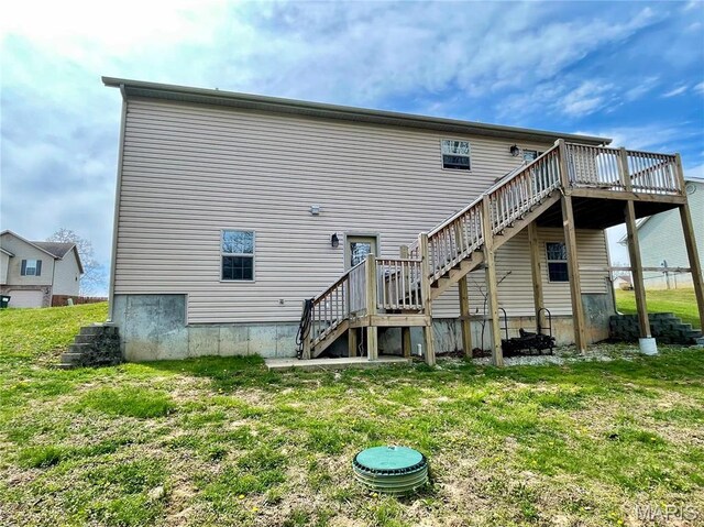 22880 Return Ln, Waynesville, MO 65583 - back of property featuring stairway, a wooden deck, and a lawn