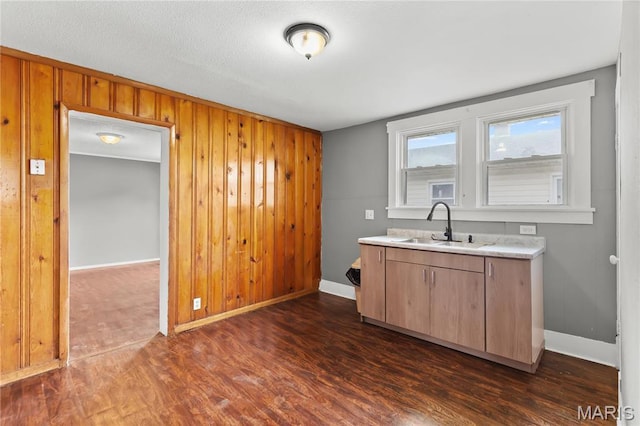 120 E 1st St, Hartford, IL 62048 - kitchen with a sink, dark wood-type flooring, light countertops, baseboards, and wooden walls