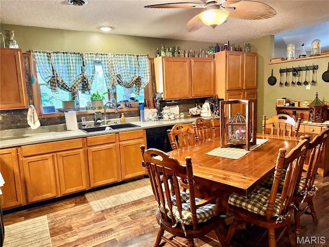 42 Berger Rd, Middletown, MO 63359 - kitchen with a sink, a ceiling fan, light wood-style floors, light countertops, and a textured ceiling