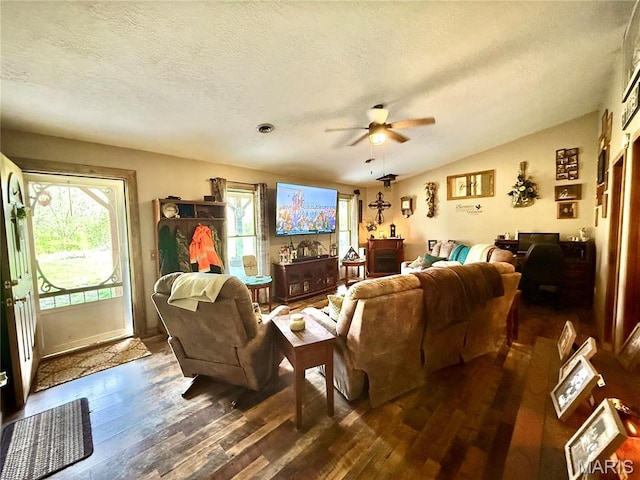 42 Berger Rd, Middletown, MO 63359 - living room featuring hardwood / wood-style flooring, ceiling fan, healthy amount of natural light, a textured ceiling, and lofted ceiling