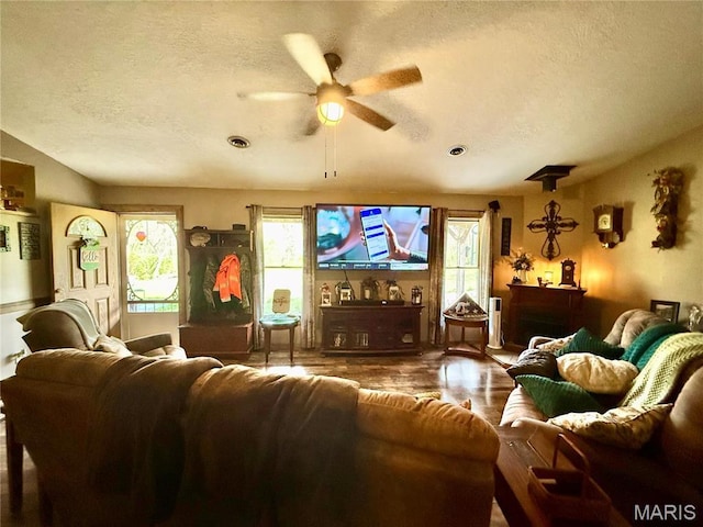 42 Berger Rd, Middletown, MO 63359 - living room with a ceiling fan, a textured ceiling, and wood finished floors
