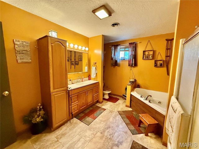 42 Berger Rd, Middletown, MO 63359 - bathroom with a textured ceiling, vanity, toilet, a tub with jets, and a shower with shower door