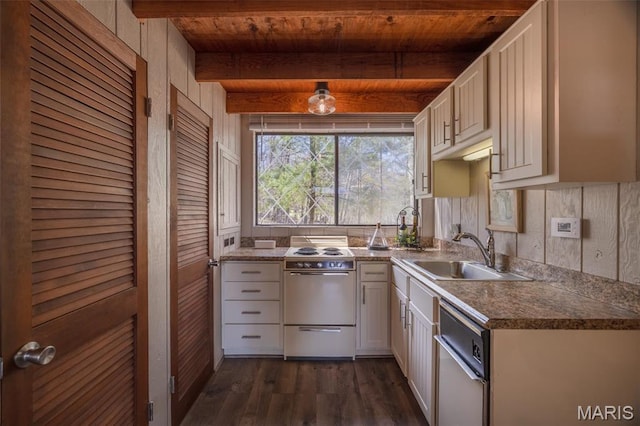 kitchen with white range with electric stovetop, a sink, dishwashing machine, dark wood-style floors, and wood ceiling