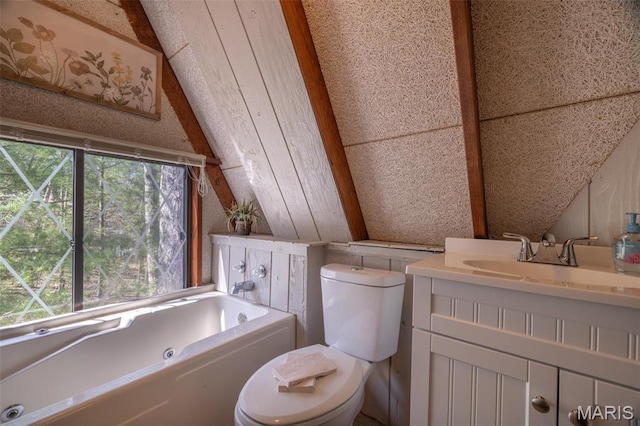 bathroom with vaulted ceiling, toilet, a bath, and vanity