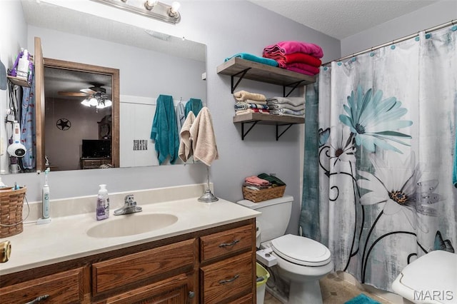 1736 Jc Ave, Waynesville, MO 65583 - bathroom featuring toilet, vanity, a textured ceiling, ceiling fan, and curtained shower