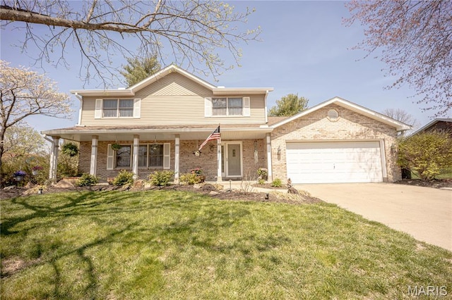 6 Mapleleaf Ln, Belleville, IL 62223 - traditional-style home with concrete driveway, brick siding, an attached garage, a front yard, and covered porch
