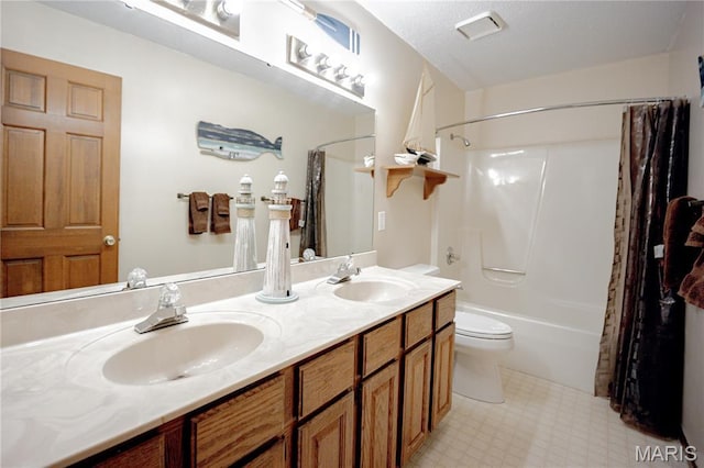 6 Mapleleaf Ln, Belleville, IL 62223 - full bathroom with toilet, double vanity, shower / tub combo with curtain, and tile patterned floors