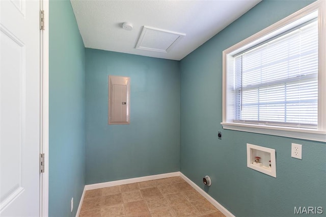 1501 Vincent St, Poplar Bluff, MO 63901 - laundry room with hookup for a washing machine, electric panel, electric dryer hookup, baseboards, and attic access