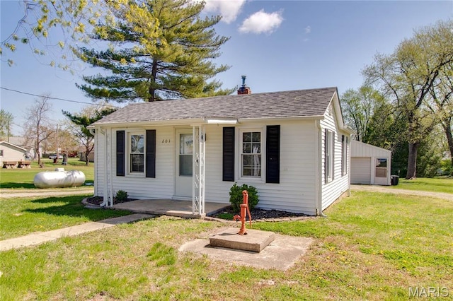 bungalow-style house featuring a front lawn, a porch, a chimney, and a shingled roof
