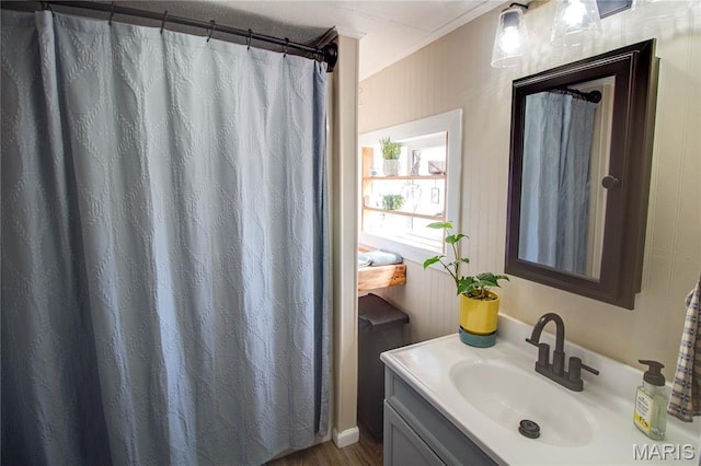bathroom featuring vanity and wood finished floors