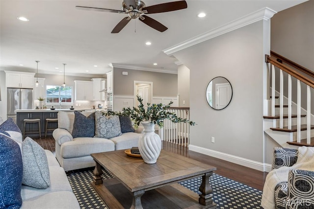 11910 Lillian Ave, Saint Louis, MO 63131 - living room with ceiling fan, recessed lighting, crown molding, dark wood-style floors, and stairs