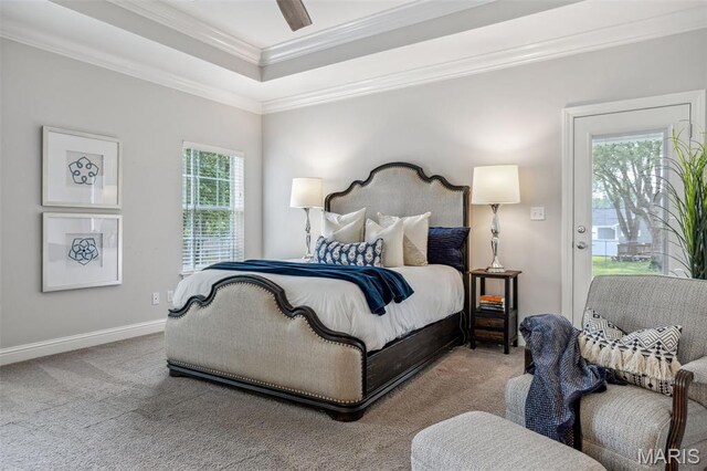 11910 Lillian Ave, Saint Louis, MO 63131 - bedroom with multiple windows, carpet floors, a tray ceiling, and crown molding