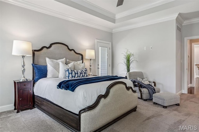 11910 Lillian Ave, Saint Louis, MO 63131 - carpeted bedroom featuring baseboards, crown molding, a tray ceiling, and ceiling fan