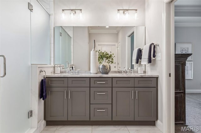 11910 Lillian Ave, Saint Louis, MO 63131 - full bathroom with crown molding, double vanity, baseboards, and marble finish flooring