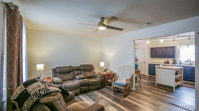 14153 Spring Dr, De Soto, MO 63020 - living area featuring a ceiling fan and dark wood-style floors