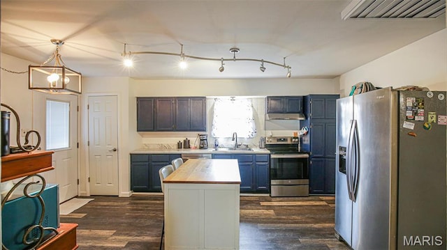 14153 Spring Dr, De Soto, MO 63020 - kitchen featuring stainless steel appliances, butcher block counters, a sink, under cabinet range hood, and dark wood-style flooring