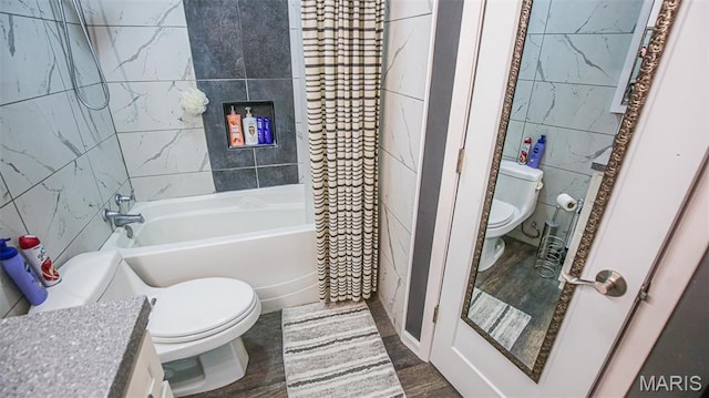 14153 Spring Dr, De Soto, MO 63020 - full bathroom with tile walls, toilet, shower / bath combo with shower curtain, and vanity