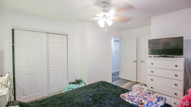 14153 Spring Dr, De Soto, MO 63020 - bedroom featuring wood finished floors, a closet, and a ceiling fan