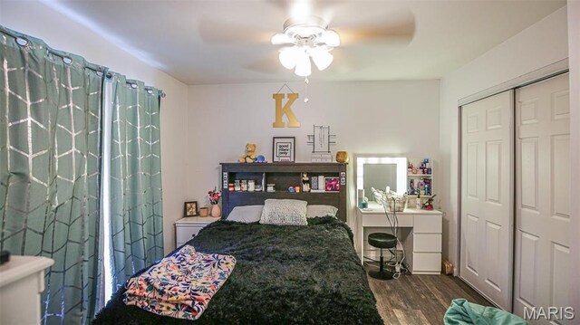 14153 Spring Dr, De Soto, MO 63020 - bedroom featuring wood finished floors, a ceiling fan, and a closet