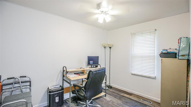14153 Spring Dr, De Soto, MO 63020 - office area featuring wood finished floors, baseboards, and ceiling fan