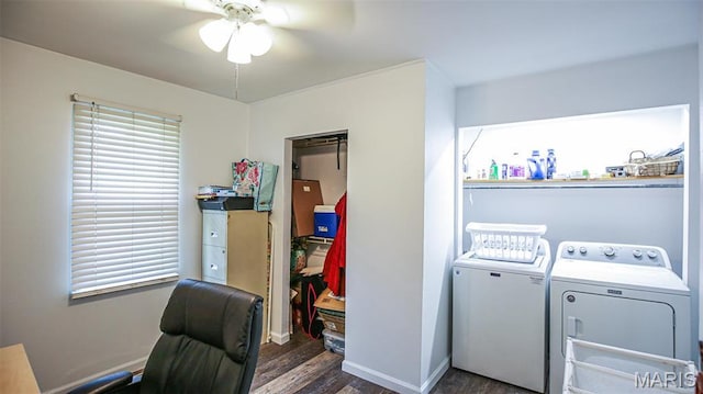 14153 Spring Dr, De Soto, MO 63020 - laundry room with washing machine and clothes dryer, wood finished floors, ceiling fan, and baseboards