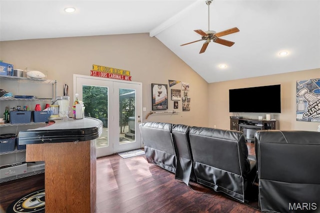 831 Diversey Dr, Saint Louis, MO 63126 - living room featuring ceiling fan, beamed ceiling, wood finished floors, high vaulted ceiling, and french doors