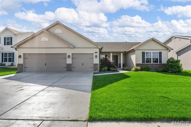 view of front of house with brick siding, a garage, concrete driveway, and a front yard