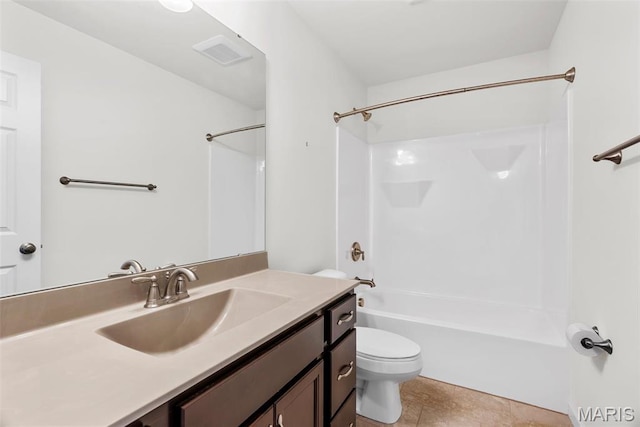 full bath featuring toilet, shower / bath combination, vanity, and tile patterned floors
