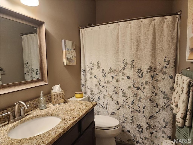 bathroom with vanity, toilet, and a shower with curtain