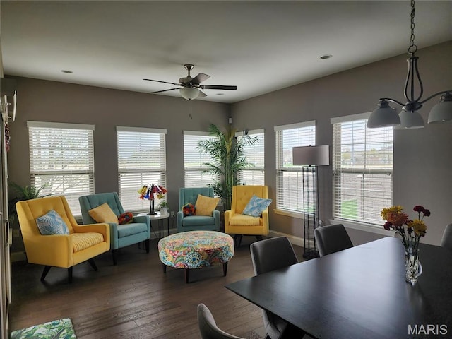 living room with wood finished floors, a ceiling fan, baseboards, and recessed lighting