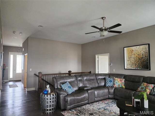 living area featuring wood finished floors, a ceiling fan, baseboards, and recessed lighting
