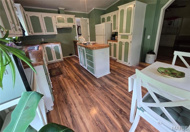 119 Bethel Rd, Hawk Point, MO 63349 - kitchen with freestanding refrigerator, ornamental molding, a kitchen island, dark wood-style floors, and white cabinetry