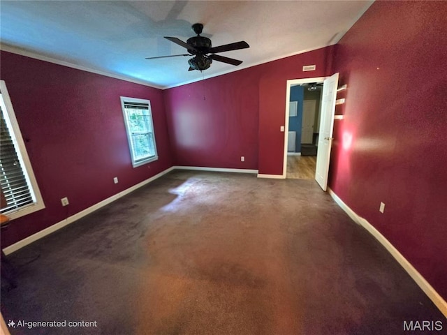 119 Bethel Rd, Hawk Point, MO 63349 - carpeted spare room with baseboards, a ceiling fan, ornamental molding, and vaulted ceiling