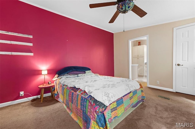 119 Bethel Rd, Hawk Point, MO 63349 - carpeted bedroom with baseboards, crown molding, ensuite bath, and a ceiling fan