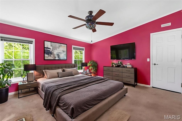 119 Bethel Rd, Hawk Point, MO 63349 - bedroom with carpet floors, baseboards, ornamental molding, and a ceiling fan