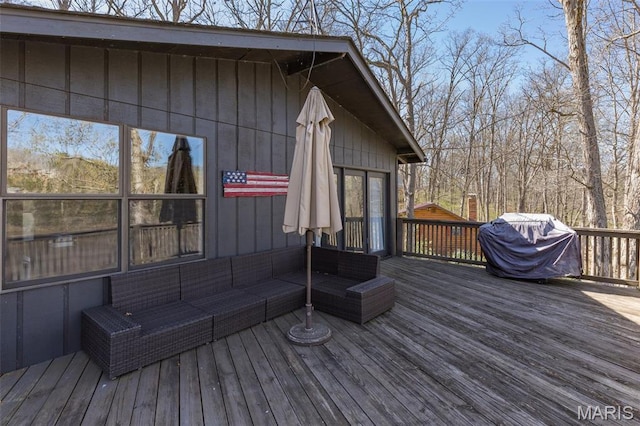 13224 Crow Ln, Saint Genevieve, MO 63670 - wooden deck with an outdoor hangout area and a grill