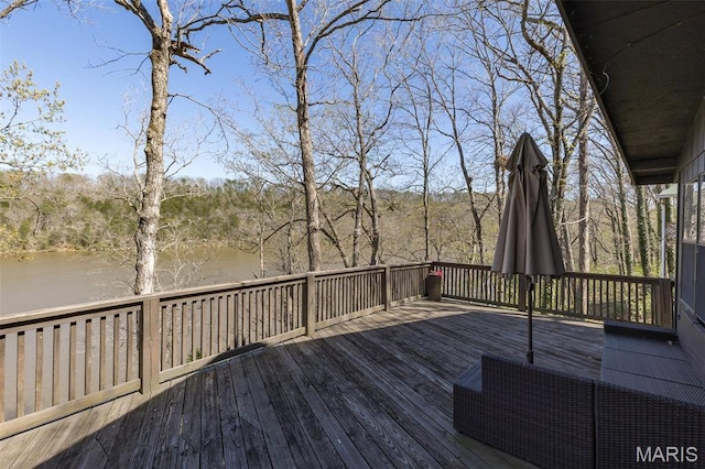 13224 Crow Ln, Saint Genevieve, MO 63670 - wooden deck with a water view and a forest view