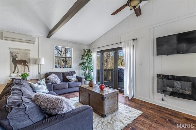 13224 Crow Ln, Saint Genevieve, MO 63670 - living area with lofted ceiling, a wall mounted air conditioner, wood finished floors, a decorative wall, and healthy amount of natural light