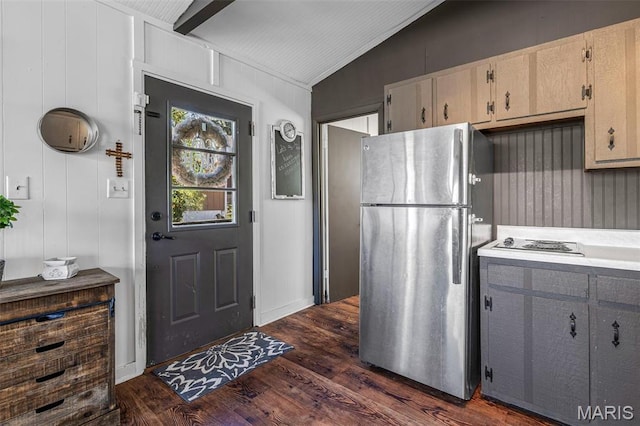 13224 Crow Ln, Saint Genevieve, MO 63670 - kitchen featuring freestanding refrigerator, lofted ceiling, dark wood-type flooring, light countertops, and gray cabinetry