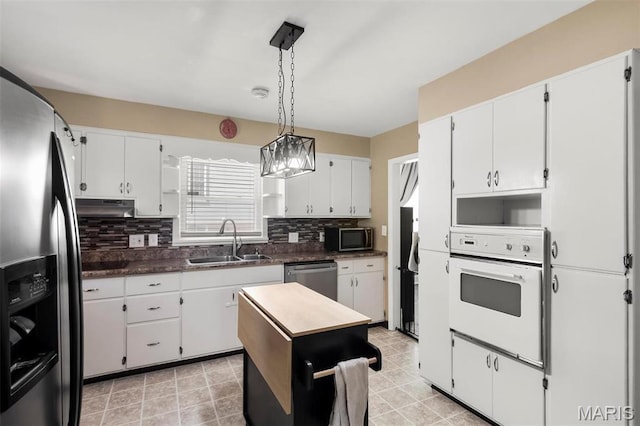 528 Hillsboro Ave, Edwardsville, IL 62025 - kitchen with appliances with stainless steel finishes, a sink, under cabinet range hood, white cabinets, and backsplash