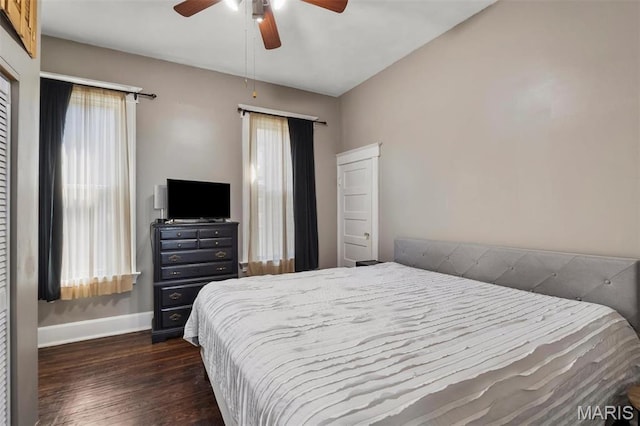 528 Hillsboro Ave, Edwardsville, IL 62025 - bedroom featuring baseboards, dark wood-style flooring, and ceiling fan