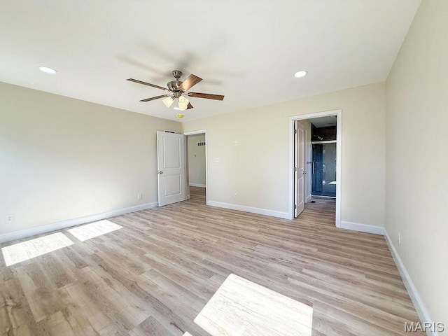 201 Ariel Ct, Desloge, MO 63601 - unfurnished bedroom featuring light wood-type flooring, recessed lighting, ceiling fan, and connected bathroom