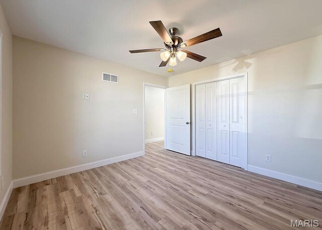 201 Ariel Ct, Desloge, MO 63601 - unfurnished bedroom featuring light wood-type flooring, a closet, and ceiling fan