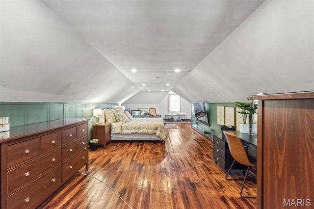 3644 Eminence Blvd, Saint Louis, MO 63114 - bedroom with dark wood-style floors, vaulted ceiling, and an office area