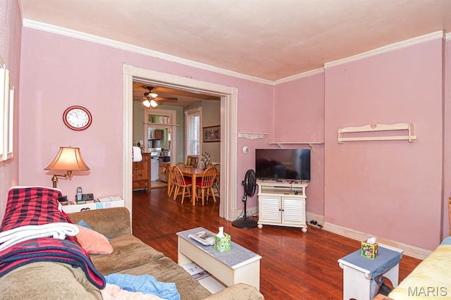 4207 Connecticut St, Saint Louis, MO 63116 - living area featuring wood finished floors, crown molding, baseboards, and ceiling fan