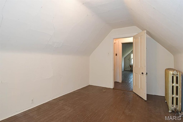 4207 Connecticut St, Saint Louis, MO 63116 - additional living space with radiator, dark wood-style flooring, and vaulted ceiling