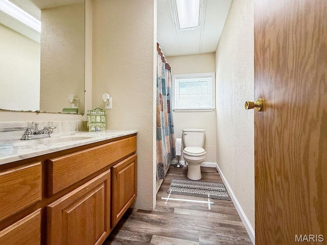 8325 Maple Ln, Dittmer, MO 63023 - full bathroom with a textured wall, wood finished floors, toilet, vanity, and a shower with curtain